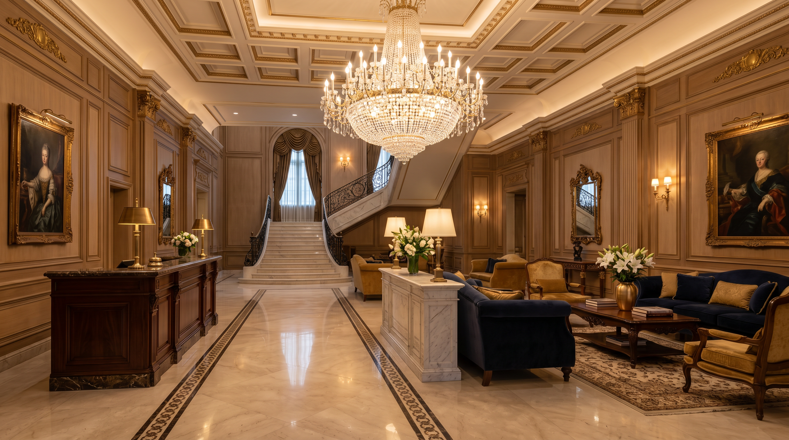 Elegant hotel lobby interior with chandelier